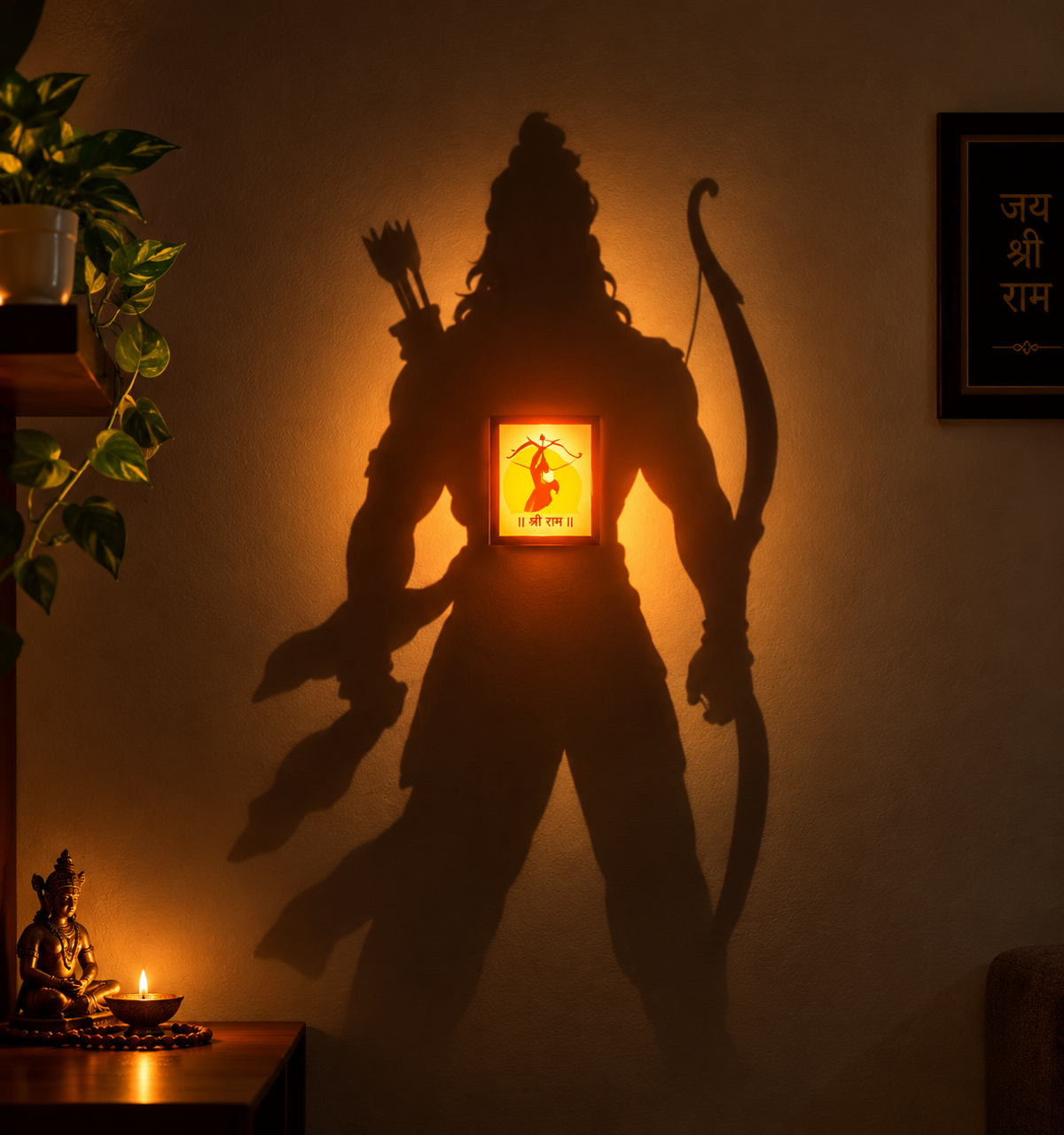 Lord Ram Ji Shadow Lamp – Orange Glow 3D Printed Spiritual Wall Décor