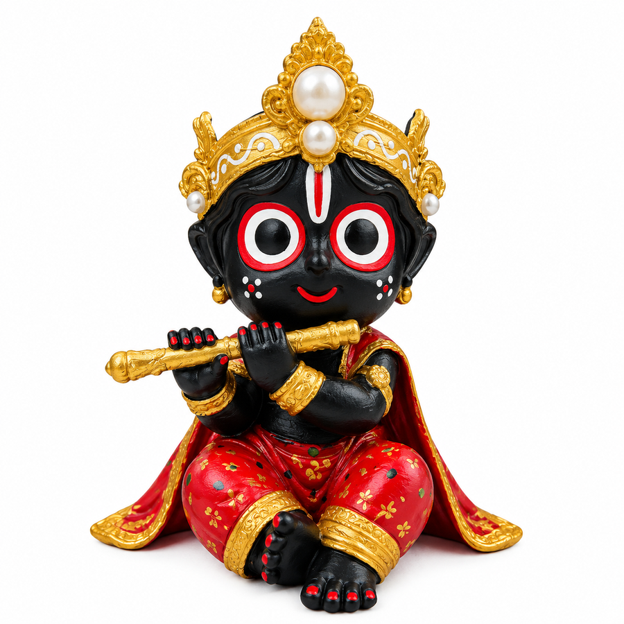 Lord Jagannath Ji Idol with Flute – Decorative Black Murti with Golden Crown