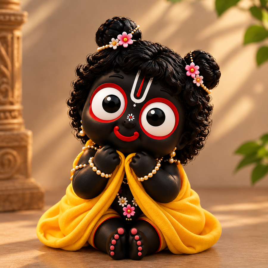 Cute Lord Jagannath Ji Idol – Black Murti with Yellow Cloth & Floral Crown
